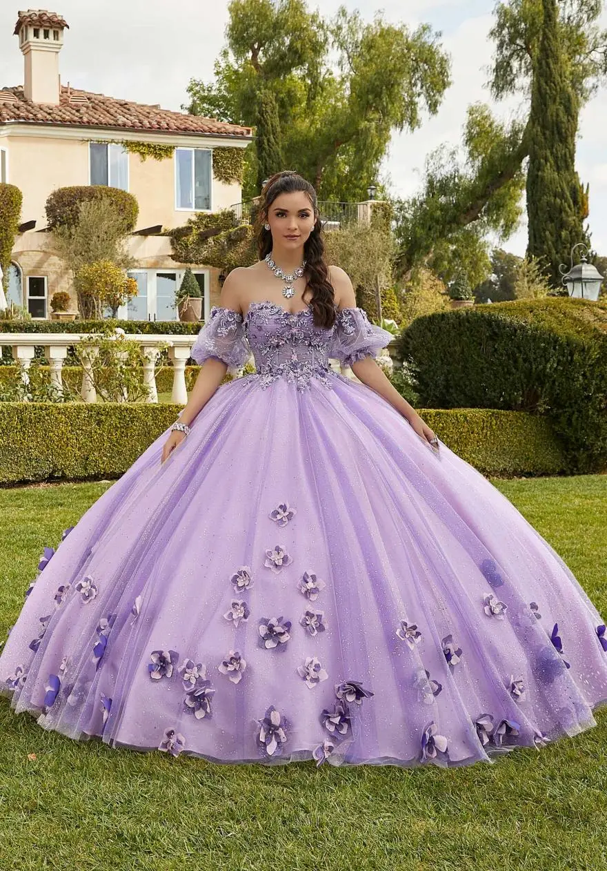 Mint Quinceanera Dress Ball Gown Flowers Puff Sleeve Corset Beading Appliques Princess Vestidos De 15 Años