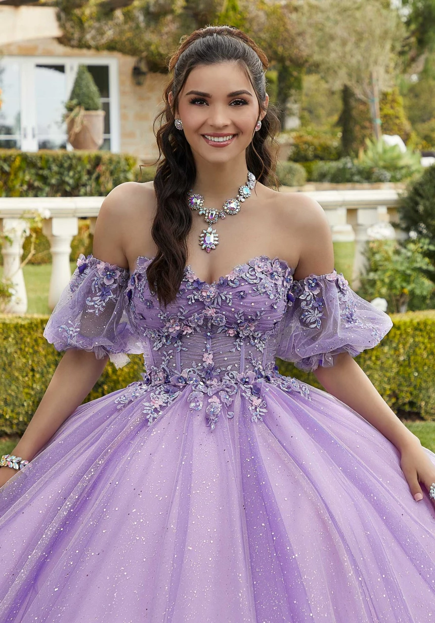 Mint Quinceanera Dress Ball Gown Flowers Puff Sleeve Corset Beading Appliques Princess Vestidos De 15 Años