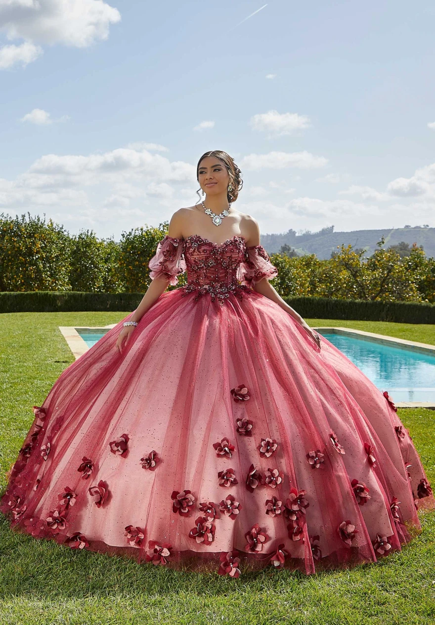 Mint Quinceanera Dress Ball Gown Flowers Puff Sleeve Corset Beading Appliques Princess Vestidos De 15 Años