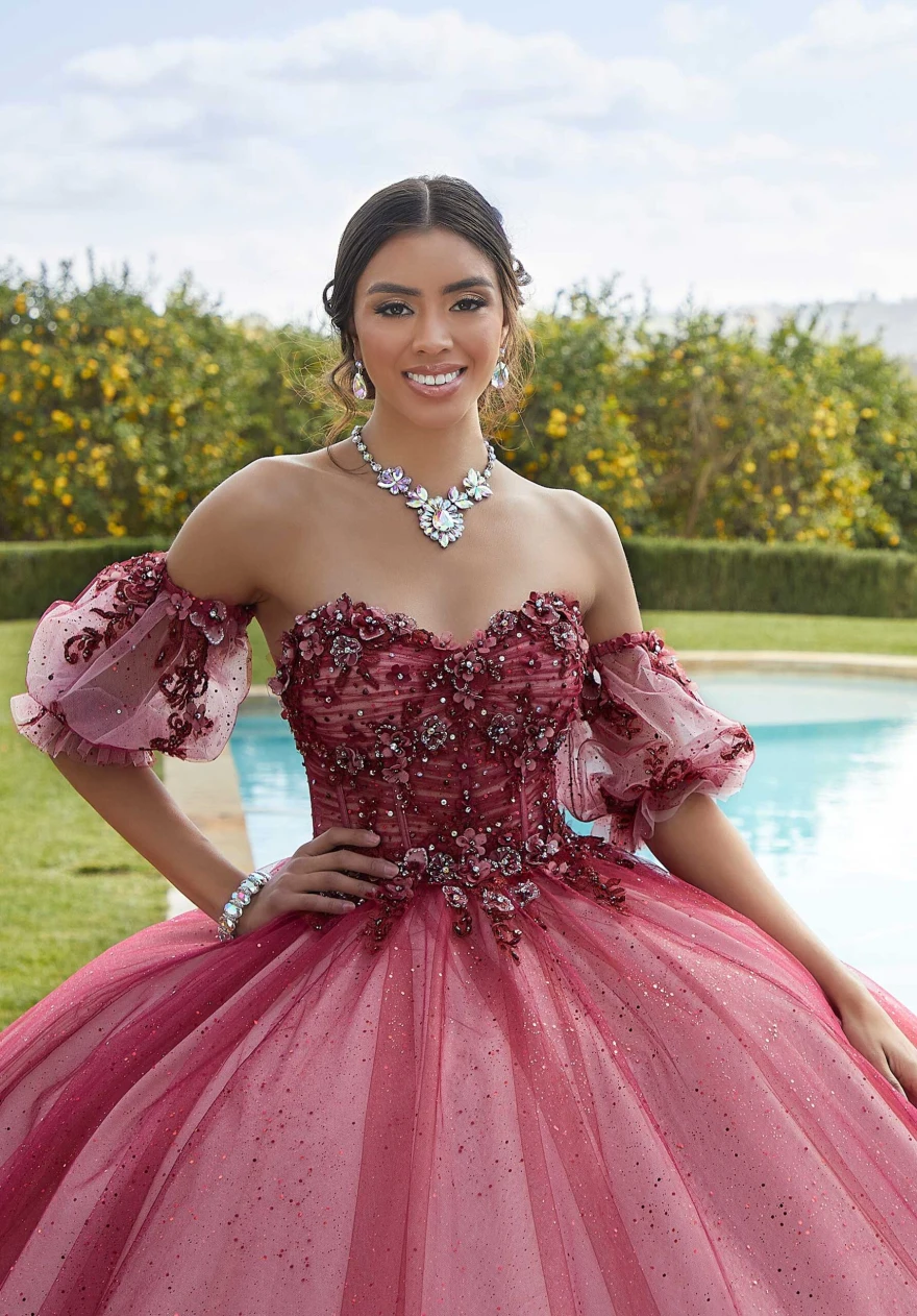 Mint Quinceanera Dress Ball Gown Flowers Puff Sleeve Corset Beading Appliques Princess Vestidos De 15 Años
