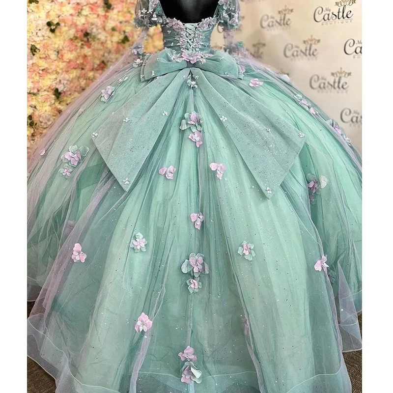Mint Blue Quinceanera Dresses Half Sleeve Ball Gown Appliques Beading Sweet 16 15 Dress Vestidos De Fiesta