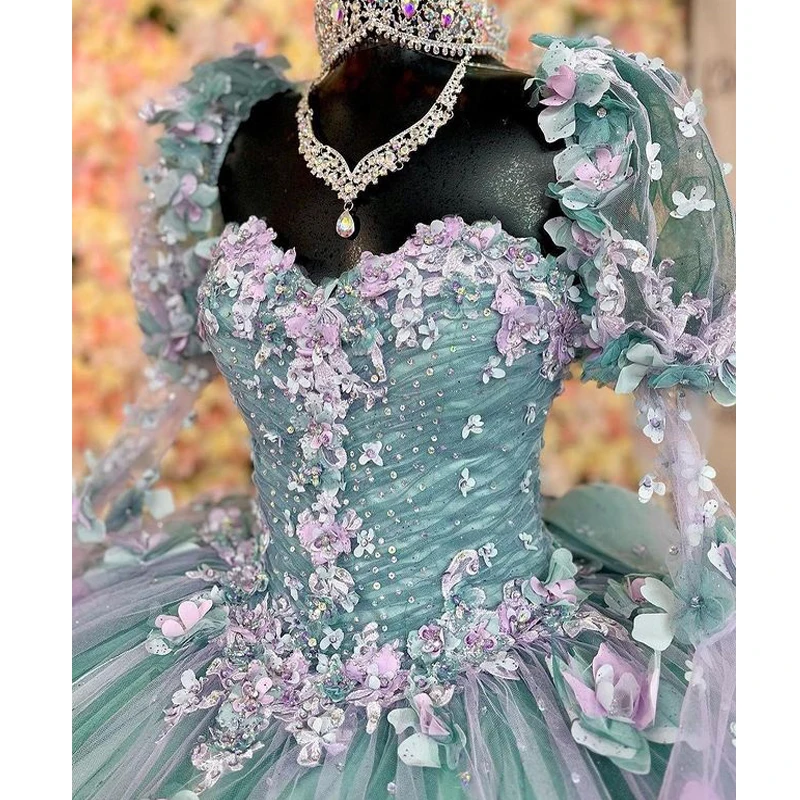 Mint Blue Quinceanera Dresses Half Sleeve Ball Gown Appliques Beading Sweet 16 15 Dress Vestidos De Fiesta
