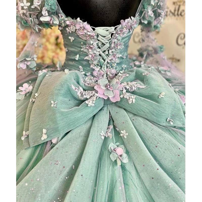Mint Blue Quinceanera Dresses Half Sleeve Ball Gown Appliques Beading Sweet 16 15 Dress Vestidos De Fiesta