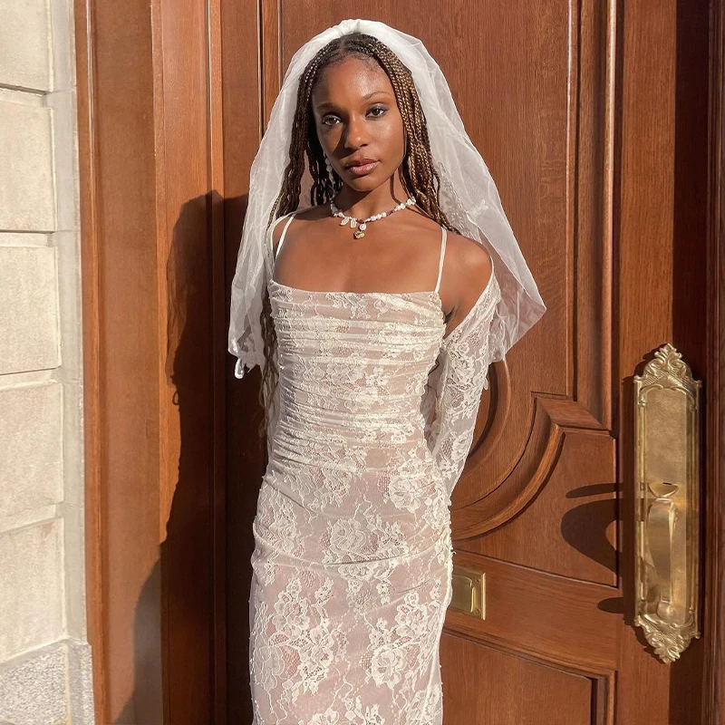 Elegant Wedding Lace Zipper Slit Spaghetti Dress Long Sleeve Cap Two Piece Set Party Ladies Y2K