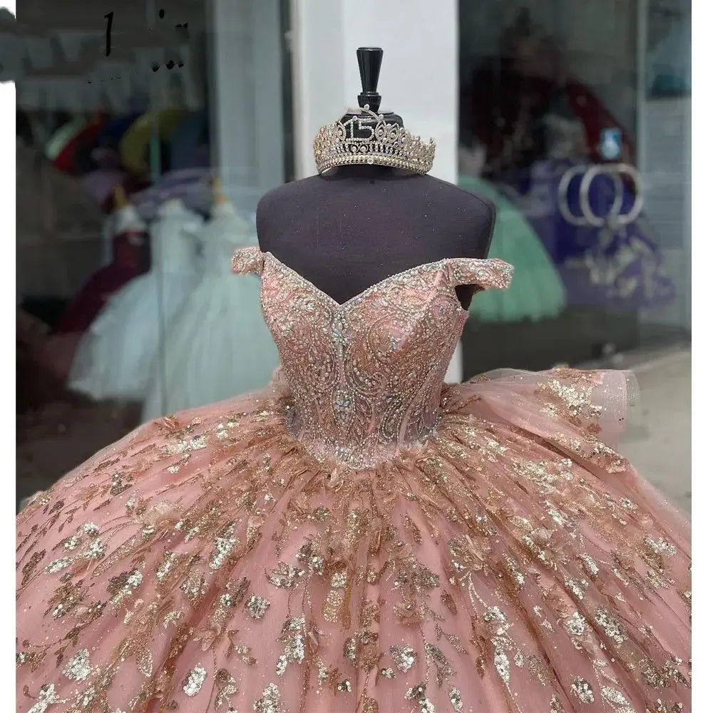 Pink Embellished Quinceanera Dress Ball Gown Appliques Beading Sequins Sweet 15 16 Dress Vestido De 15 Anos