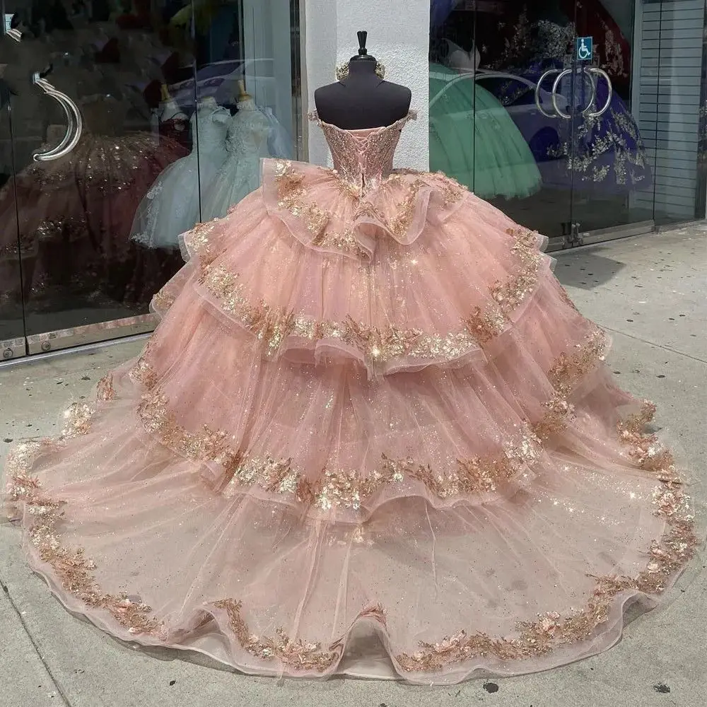 Pink Embellished Quinceanera Dress Ball Gown Appliques Beading Sequins Sweet 15 16 Dress Vestido De 15 Anos