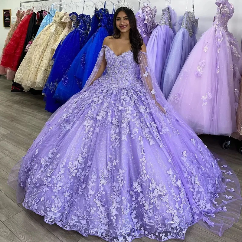 Lilac lavender Butterfly Quinceanera Dresses With Cape Lace Applique Sweet 16 Dress Mexican Prom Gowns Vestidos De XV Anos