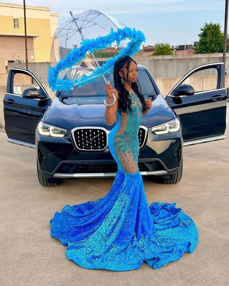 Sparkly African Prom Dress for Women Luxury Diamond Crystal Velvet Black Girl Birhtday Gown