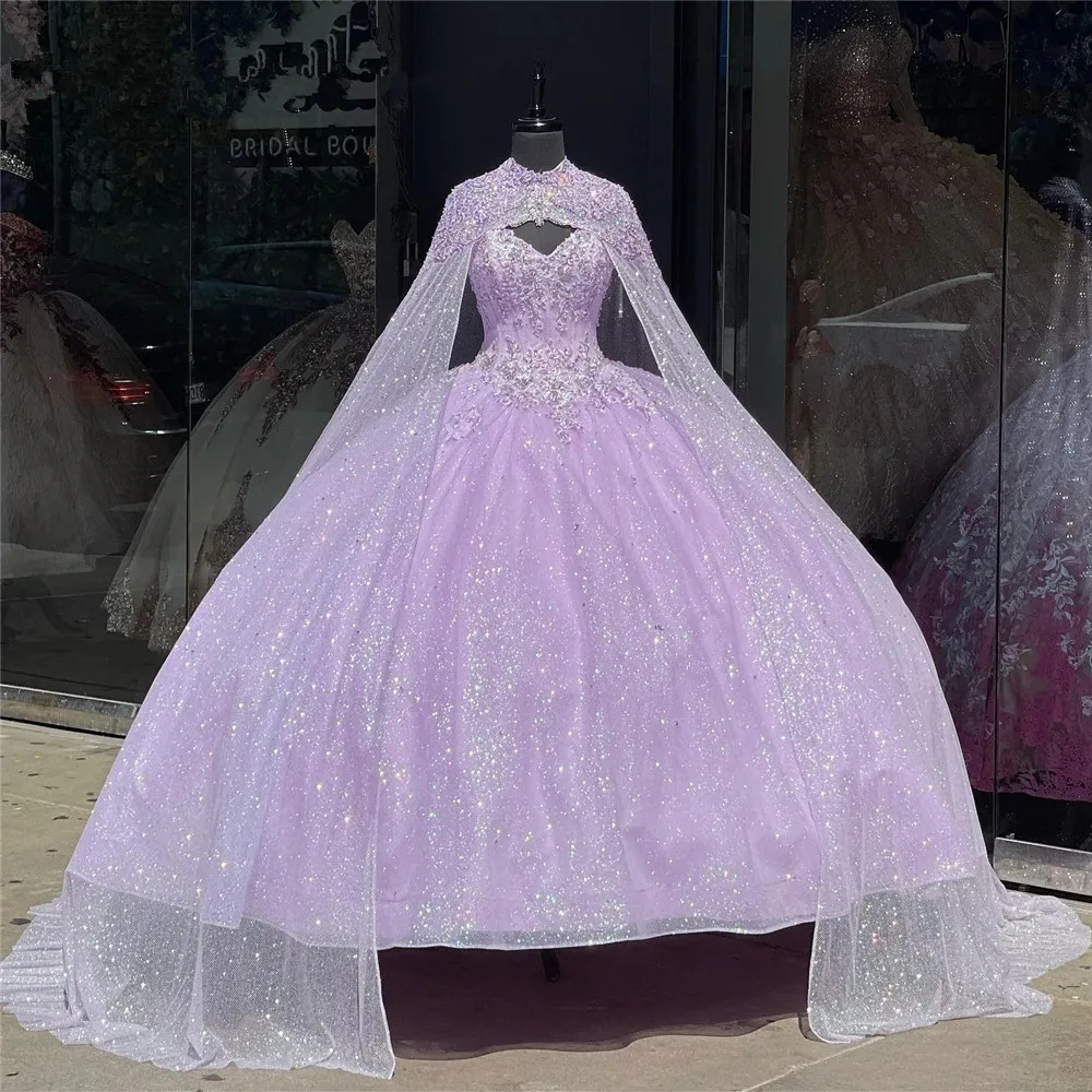 Lavender Princess Quinceanera Dresses with Cape Sweetheart Beaded Appl   mermelo