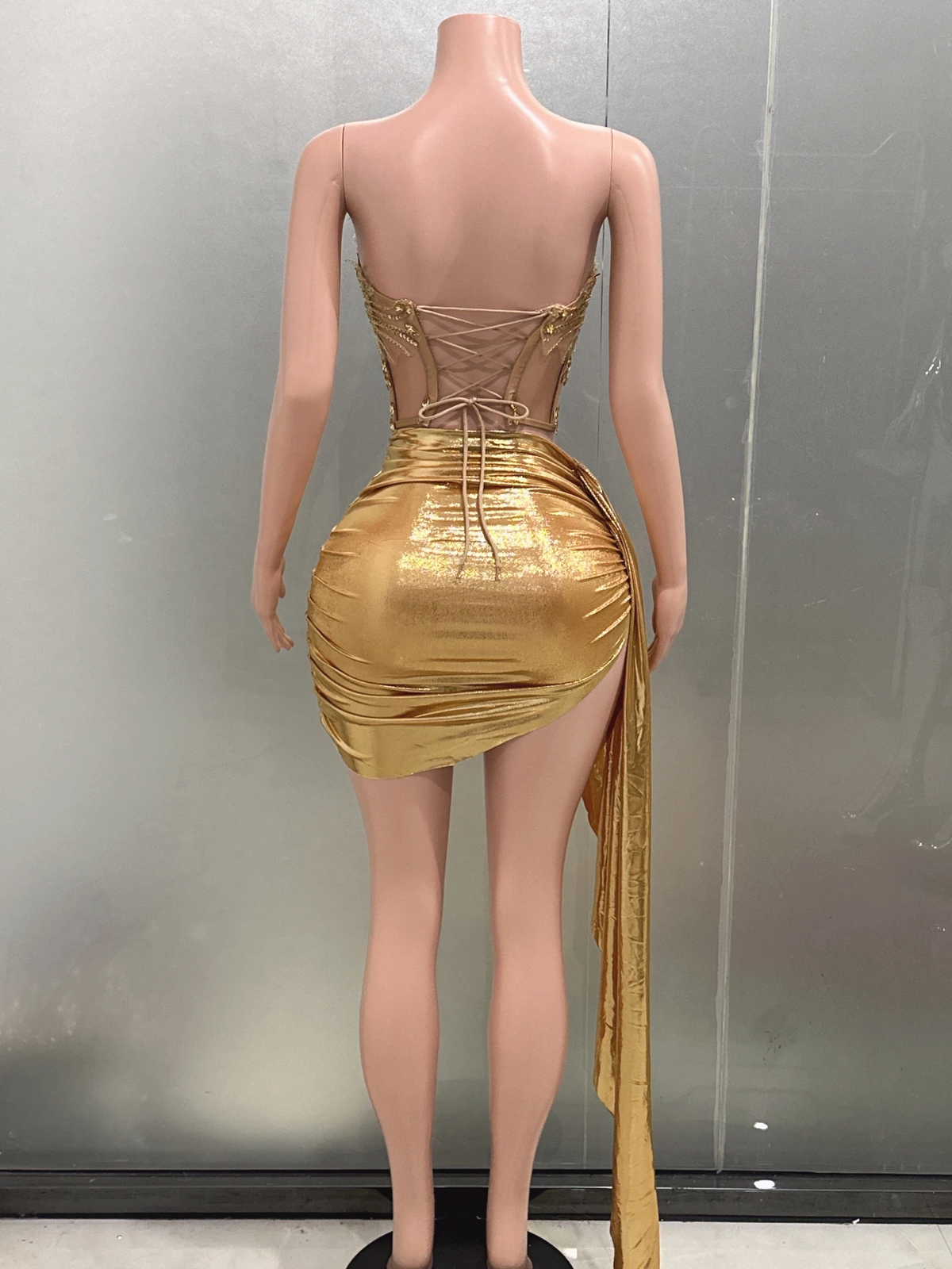 Golden Color Crytrals Sequins 2-Pieces Set Birthday Evening Party Luxury Dress Performance Costume Nightclub Singer Dancer Stage