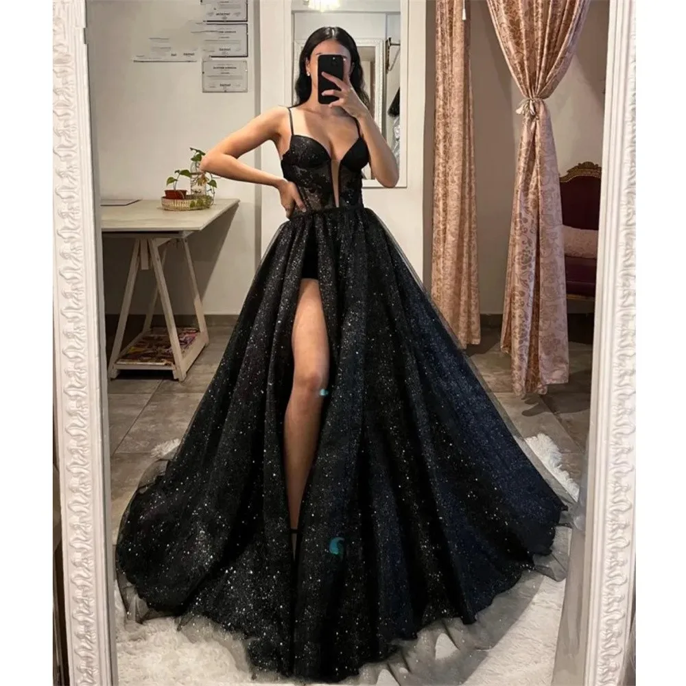 Sweetheart Black Prom Dresses Straps Appliques Glitter Party Evening G