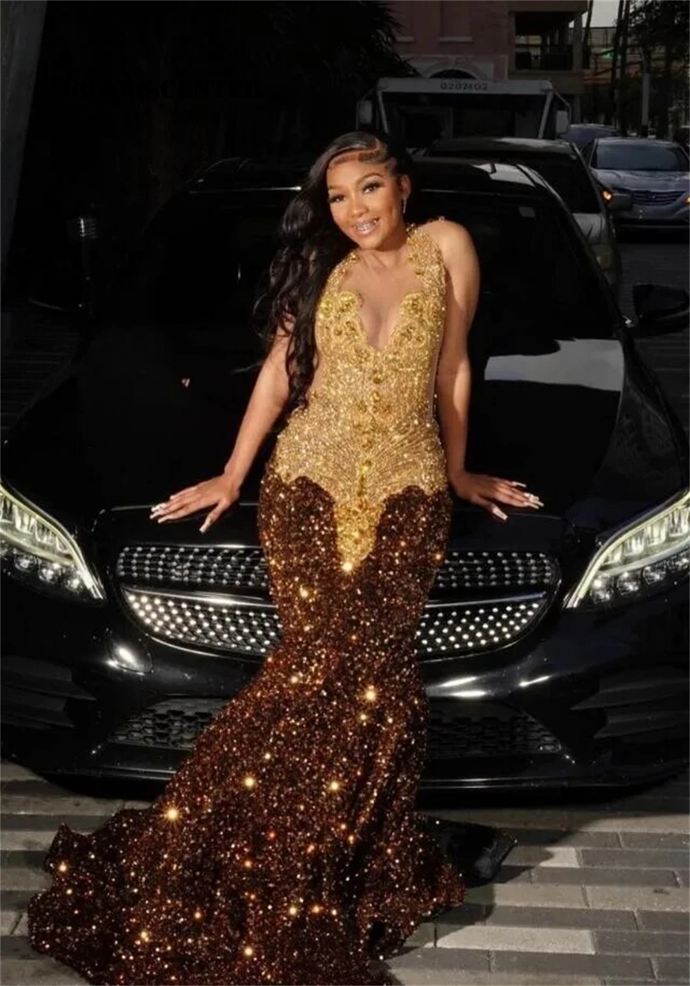 brown sparkly prom dress Sparkly Ball Gown Prom Dresses V-neck