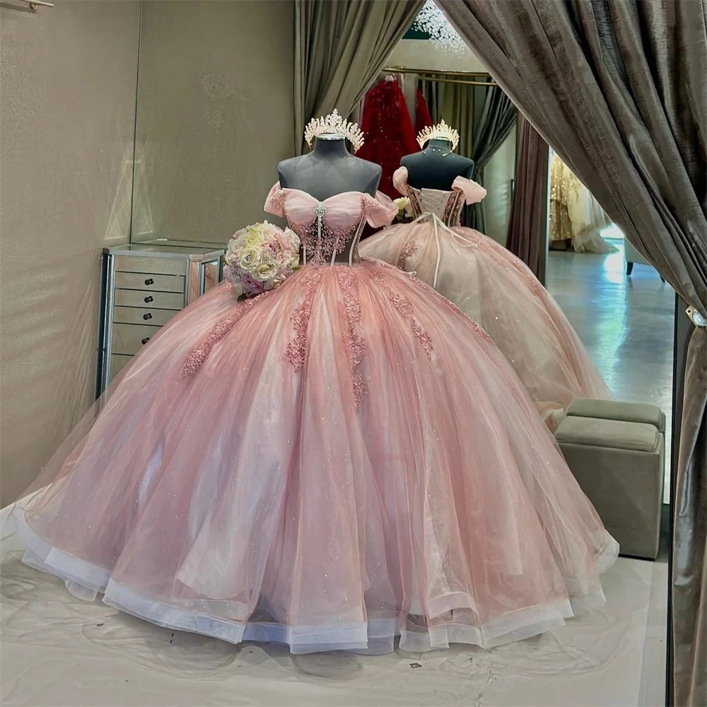 Pink Charro Quinceanera Dresses Ball Gown Off The Shoulder Tulle Appli –  mermelo
