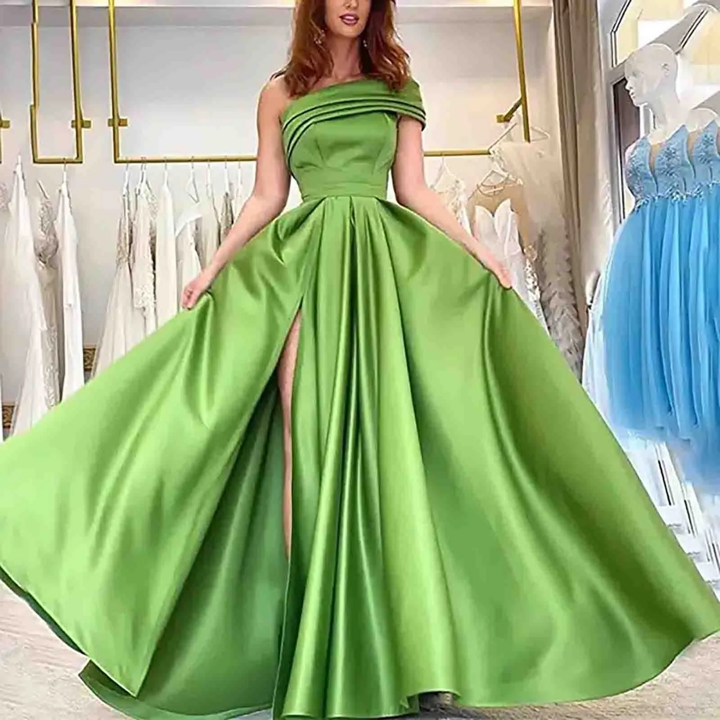Women One Shoulder Floor Length Side Slit Solid Color Sleeveless Elegant Party Dresses Prom Evening Dress