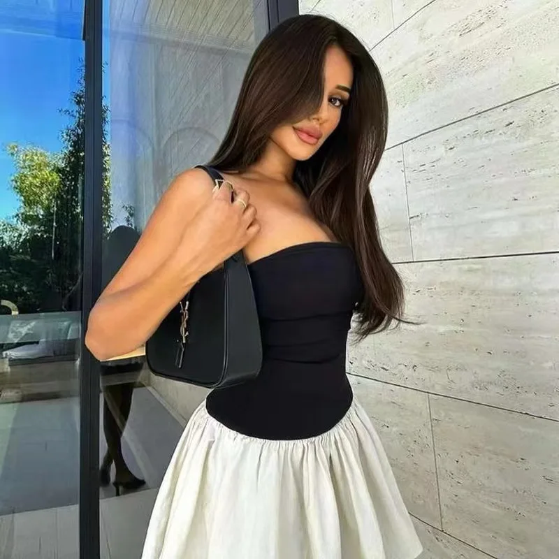 Women's 2024 Summer New Fashionable and Sexy Bra Dress with contrasting color patchwork and pleated slim fit mini women's dress