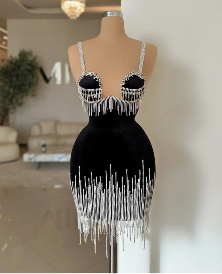 Black Velvet Evening Dress Party Birthday Crystals Tassel Bride Robe Mini Sheath Bridal Dresses Vestidos De Novia