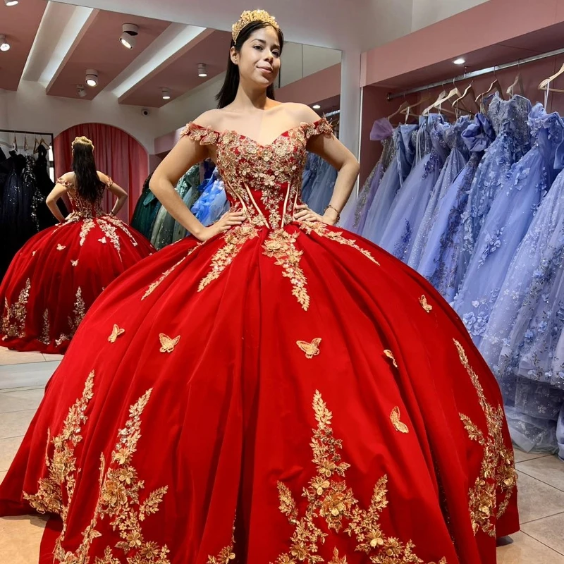 green emerald velvet dress Red Ball Gown Quinceanera Dresses Sweet 16 Dress Tulle Gold 3D Flowers –  mermelo