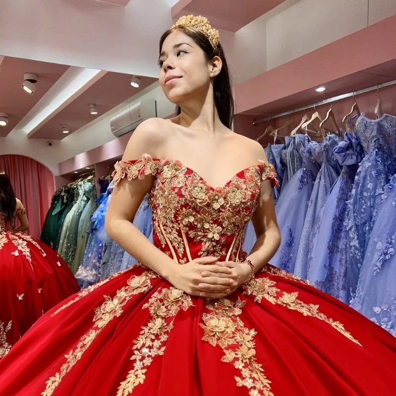 Red Ball Gown Quinceanera Dresses Sweet 16 Dress Tulle Gold 3D Flowers