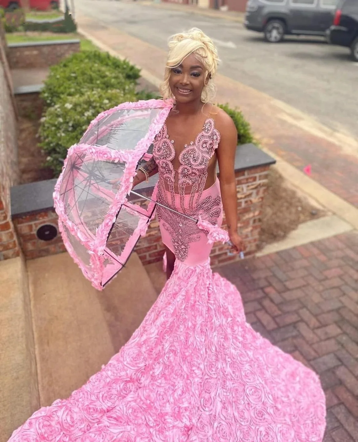 Pink Flowers Mermaid Prom Dress For Black Girls Crystals Rhinestone Beaded Formal Party Gown