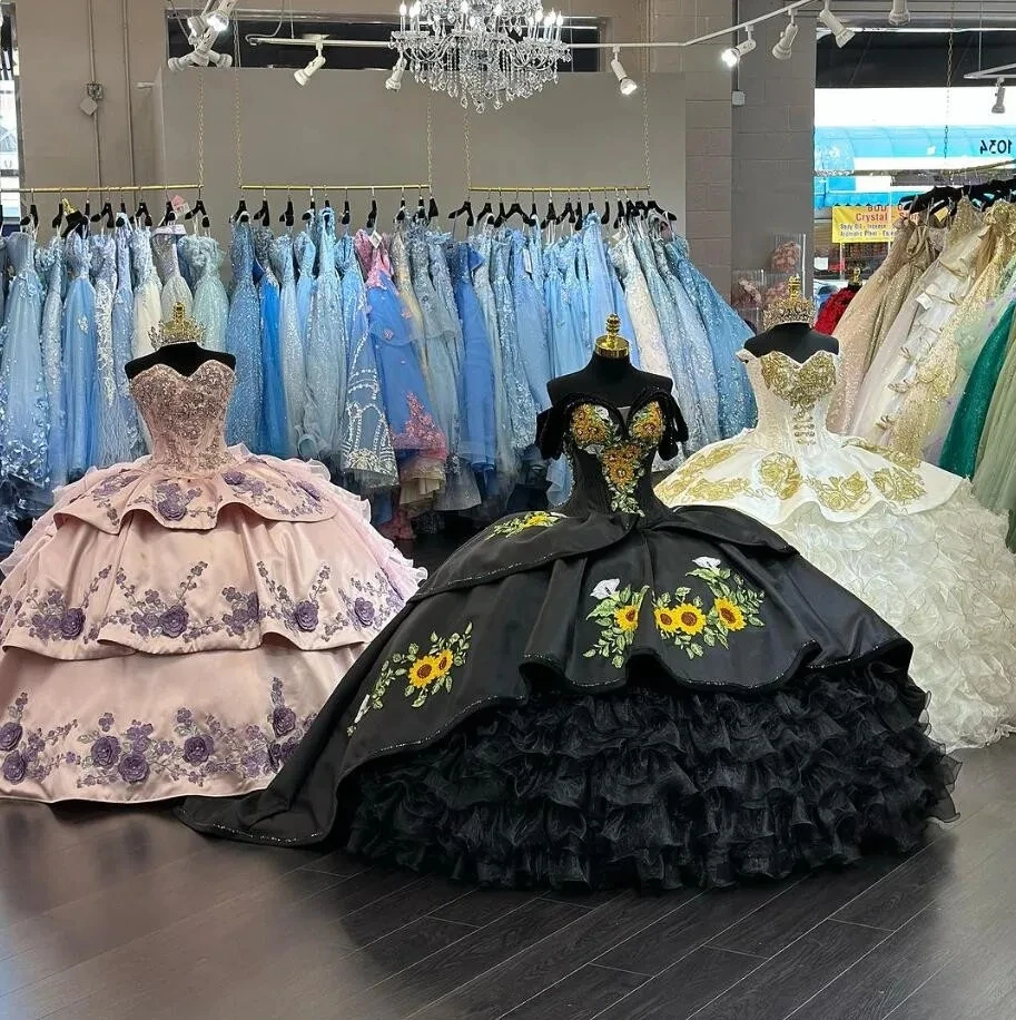 Black Quinceanera Dresses Off Shoulder Sunflower Embroidery Sweet 15