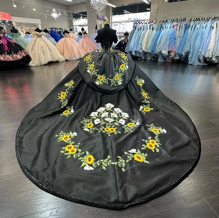 Black Quinceanera Dresses Off Shoulder Sunflower Embroidery Sweet 15