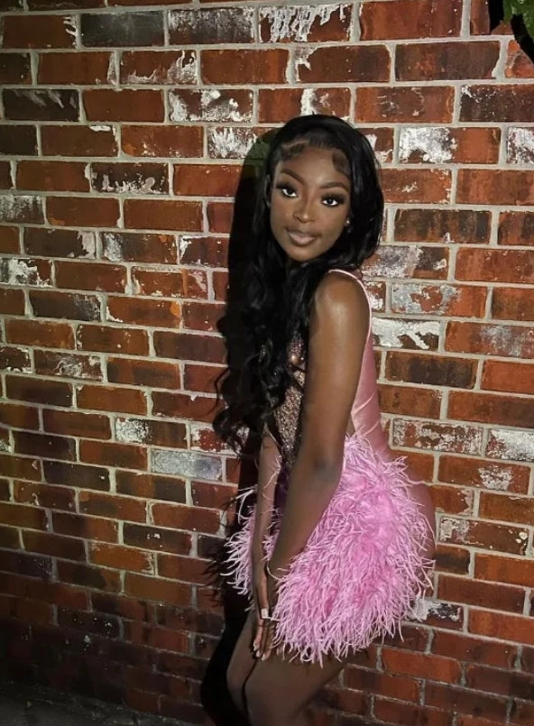 Luxury Peach Pink Short Homecoming Prom Dress 2024 Glitter Crystal Rhinestone Feather Black Girls Birthday Party فساتين سهرات