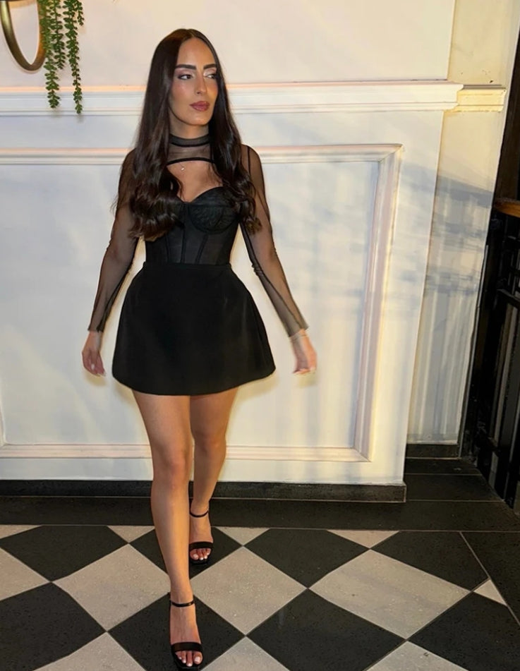 Black High Neck Woman Prom Dress A Line Short vestidos para Cocktail Gowns Club Pleated Full Sleeves Wedding Party Dress main image 0