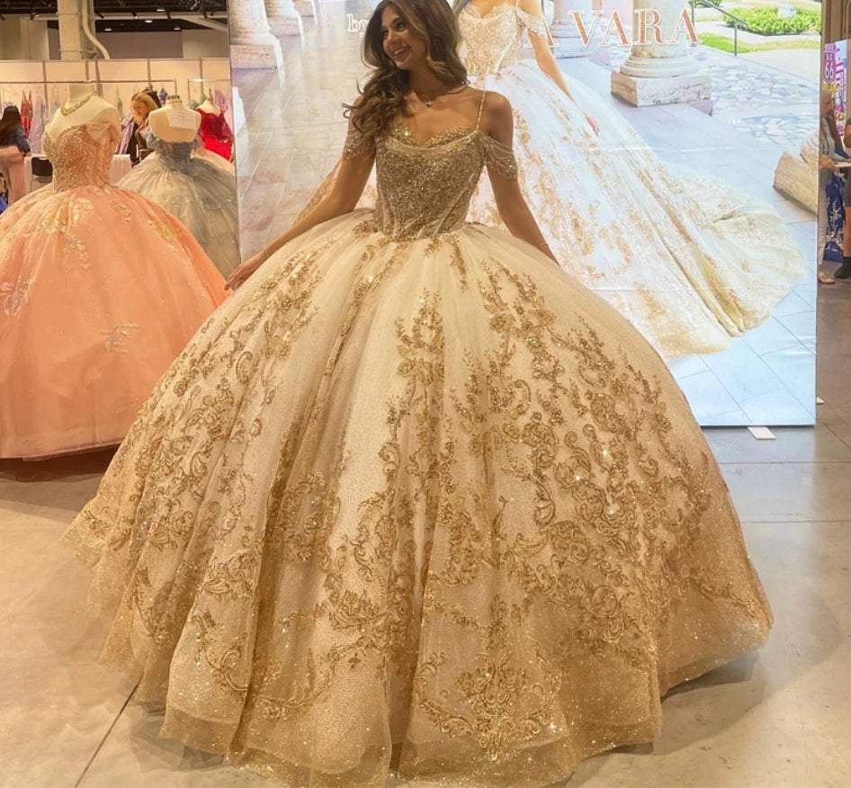 white christmas dresses Champagne Quinceanera Dress Straps Off Shoulder Sweet 16 Years Gowns B –  mermelo