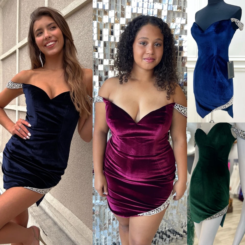 Short Cocktail NYE Dress Navy-Blue Emerald Velvet Lady Formal Event Pa