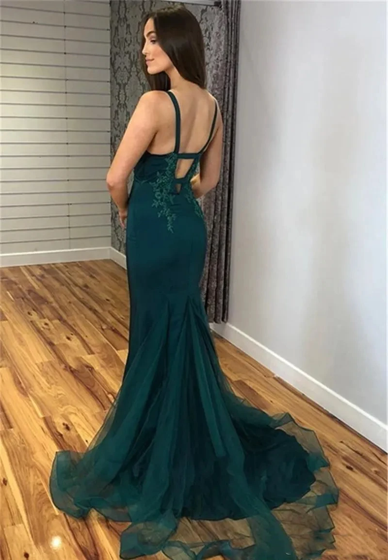 Luxury plus size Mermaid Evening dress Sexy backless Italian Spaghetti strap lace applique floor-length formal dress Party dress