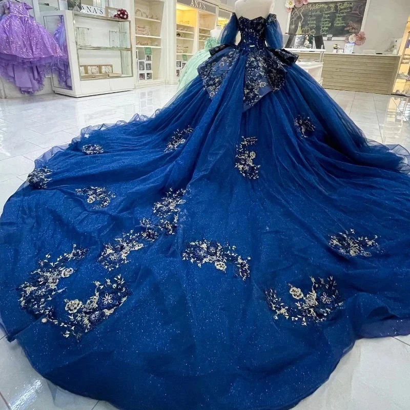 Exquisite Navy Gown Quinceanera Dresses Appliques Flower Beaded Off Shouler vestidos de fiesta Women Simple Formal Party vestido