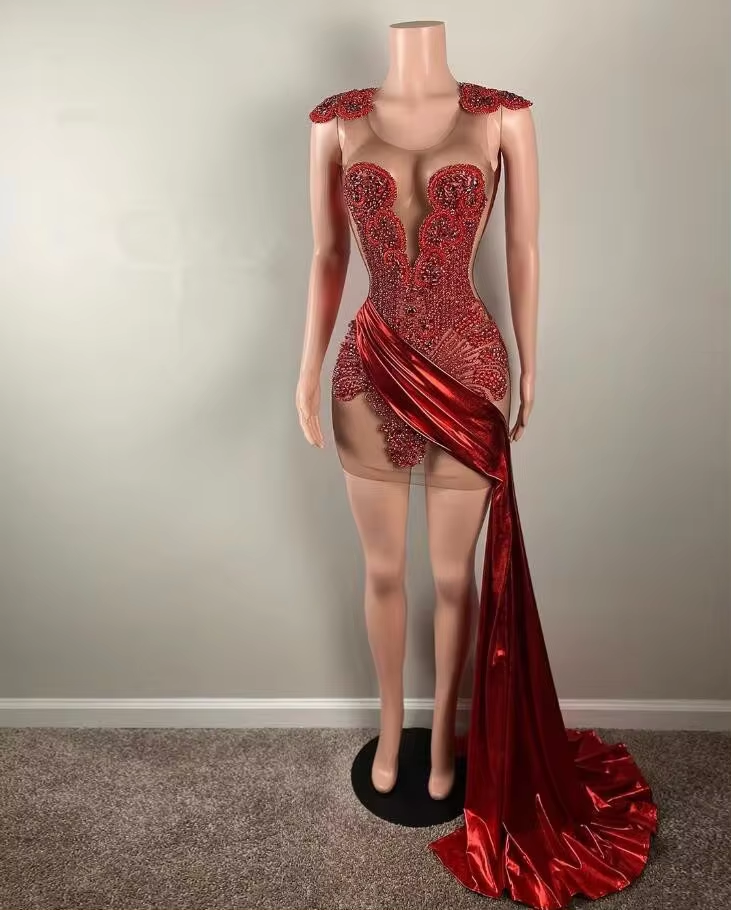 Panel Draped Metallic Evening Formal Dress for Women Red Rhinestone Crystal Sheer Mesh Black Girl Birthday Prom Gown