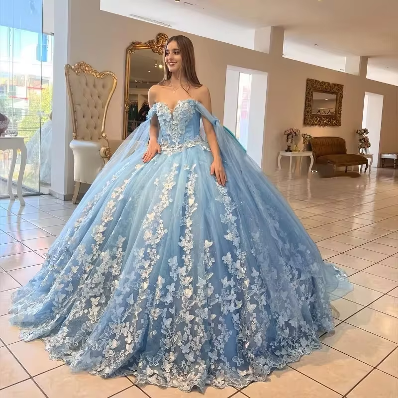Glittering Light Blue Butterfly Quinceanera Dresses Off-Shoulder Luxur