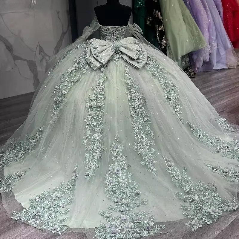 Sparkling Sage Green Lace Up Ball Gown Quinceanera Dresses 2025 With Appliques Mexico Brithday Party Vestidos De 15 Quinceañera