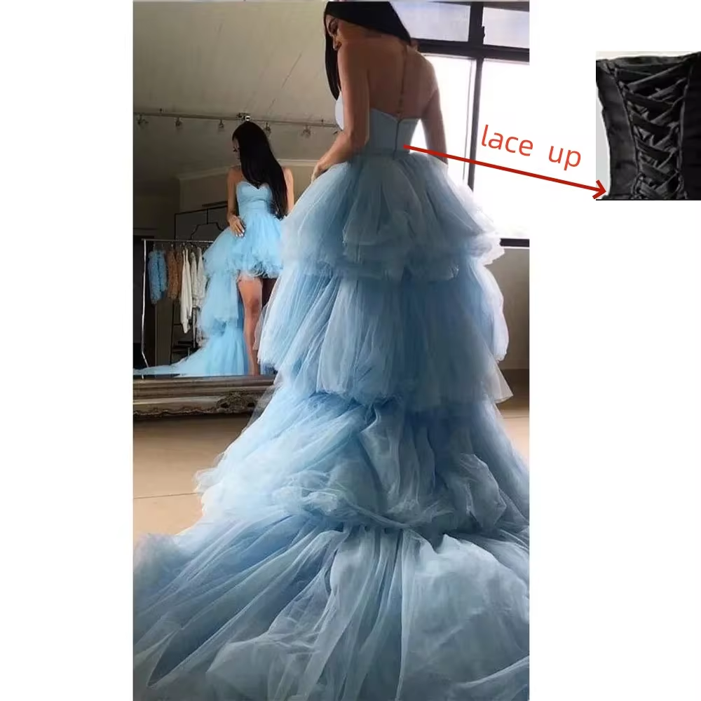 High Low Prom Dresses Sweetheart Ruffles Light Blue Tulle Short Front Long Back Party Dresses Graduation Evening Gowns