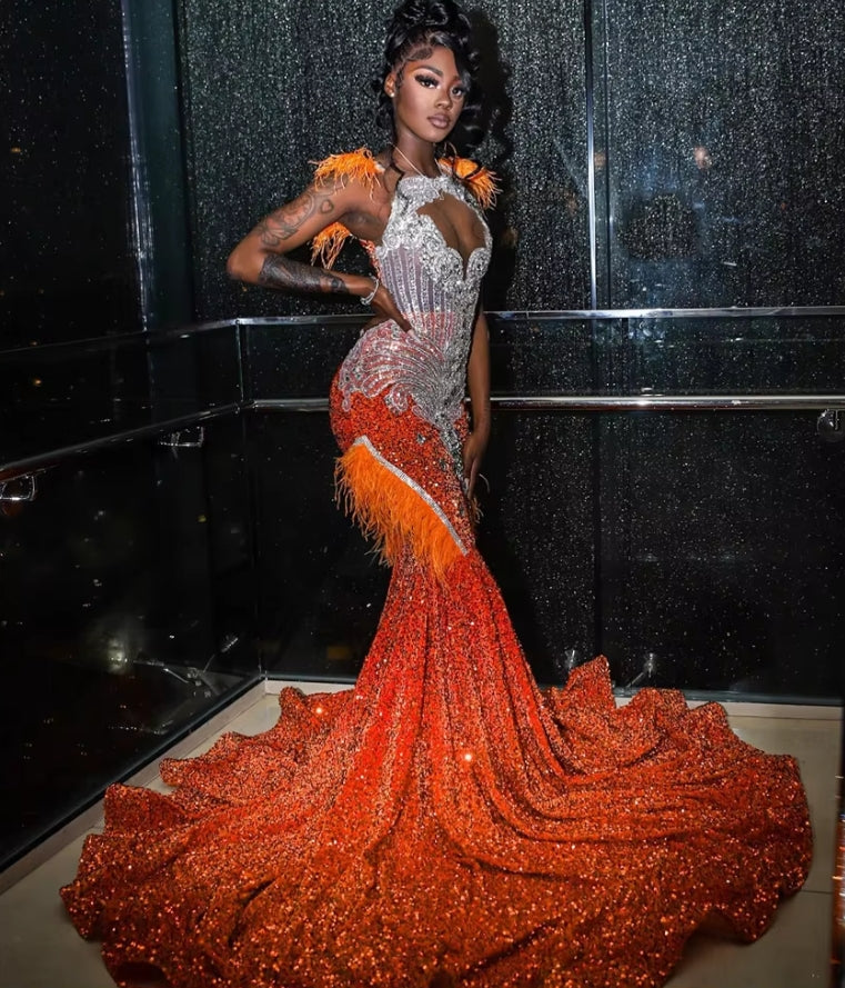 Orange Mermaid Prom Dress Sequins Crystal Rhinestones Beading Elegant Evening Gown Luxury Birthday Dress Feather