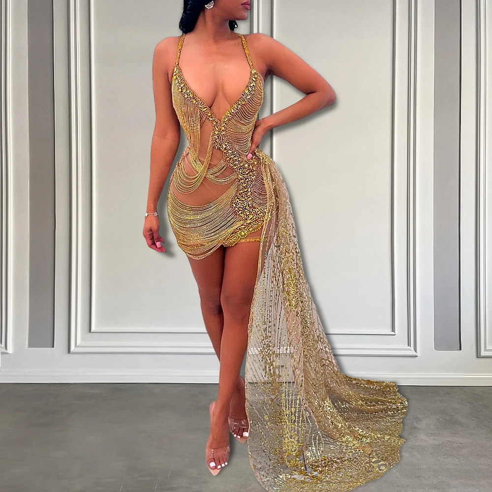 Black Girls Golden Sexy See Through Birthday Party Gowns Women Sparkly Beads Short Prom Dress with Glitter Lace Side Train