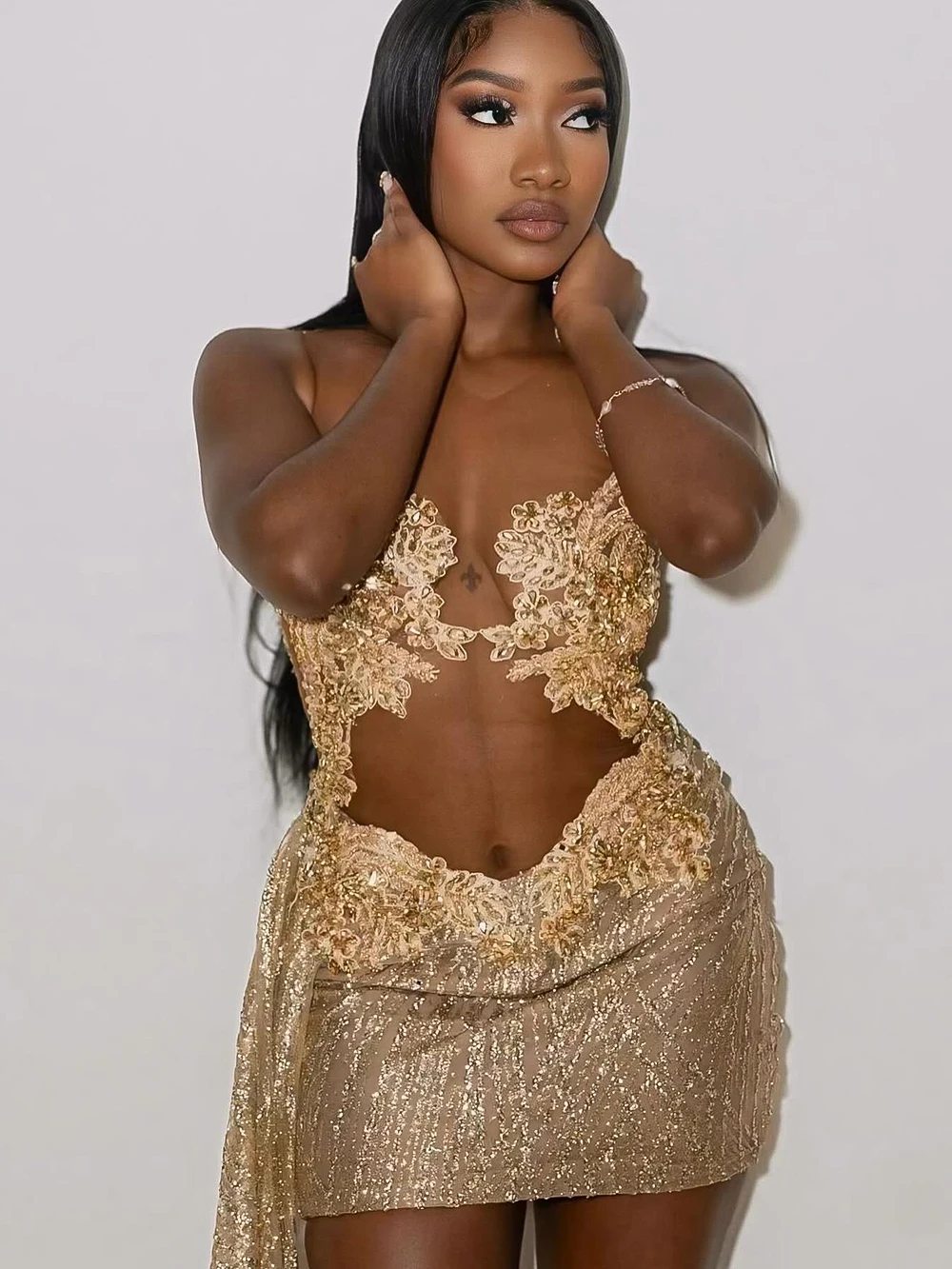 Sparkly Gold Glitter Lace Birthday Formal Dress Women with Side Train Luxury Beaded Short Prom Cocktail Gowns 2025