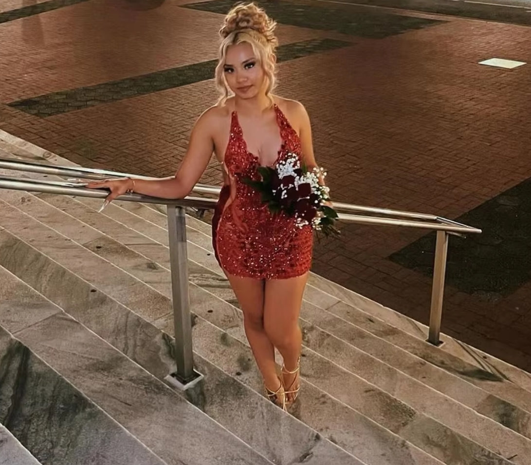Shiny Red Halter Luxury Prom Dresses 2024 Rhinestones Mermaid Mini Cocktail Dress Homcoming Birthday Party Gowns Blackgirls