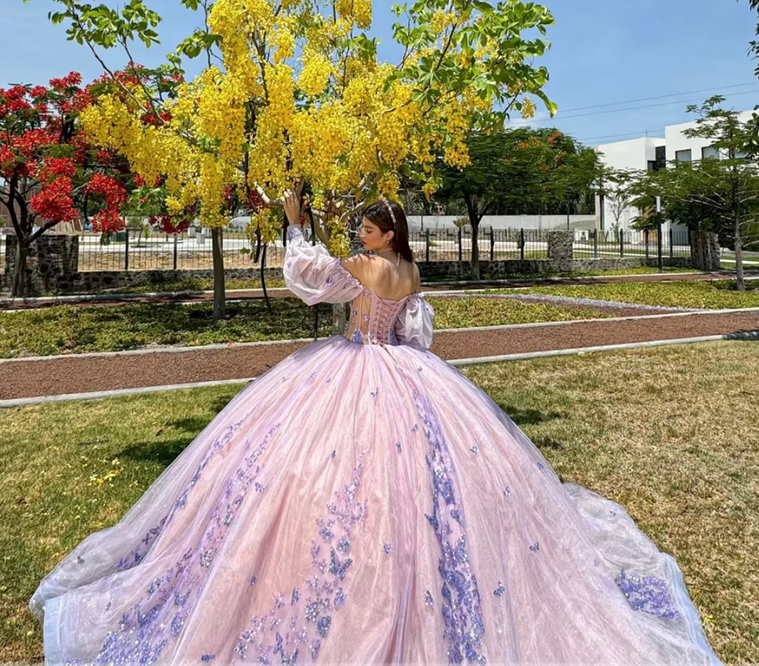 Pink Puff Three Quarter Sleeves Beaded Rhinestones Quincenara Dresses Purple Lace Appliques 2024 Birthday Luxury Dress