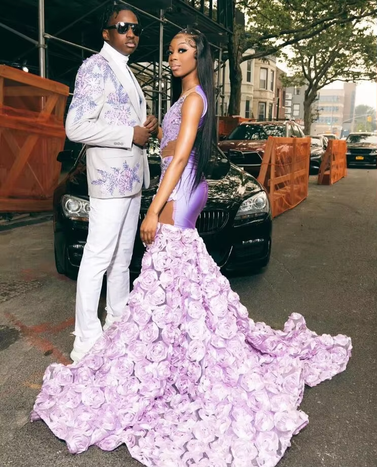 Lilac Purple Trumpet African Prom Dress for Women 3D Rose Skirt Luxury Beaded Black Girl Birthday Dress vestidos de gala 2024