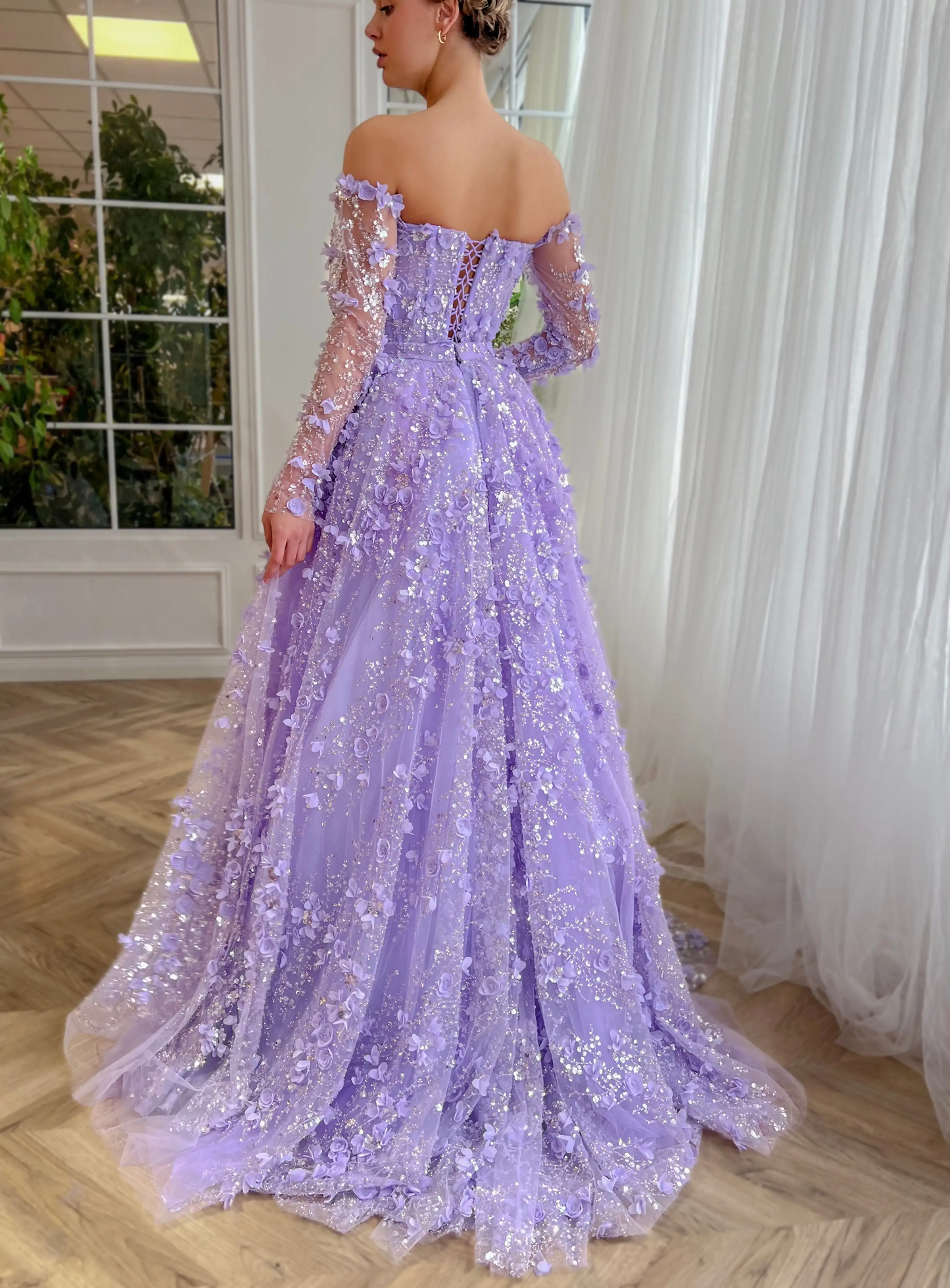 Elegant 3D Flowers Pink Luxury Dubai Evening Dress with Overskirt Lilac Long Sleeves Women Wedding Party Gown
