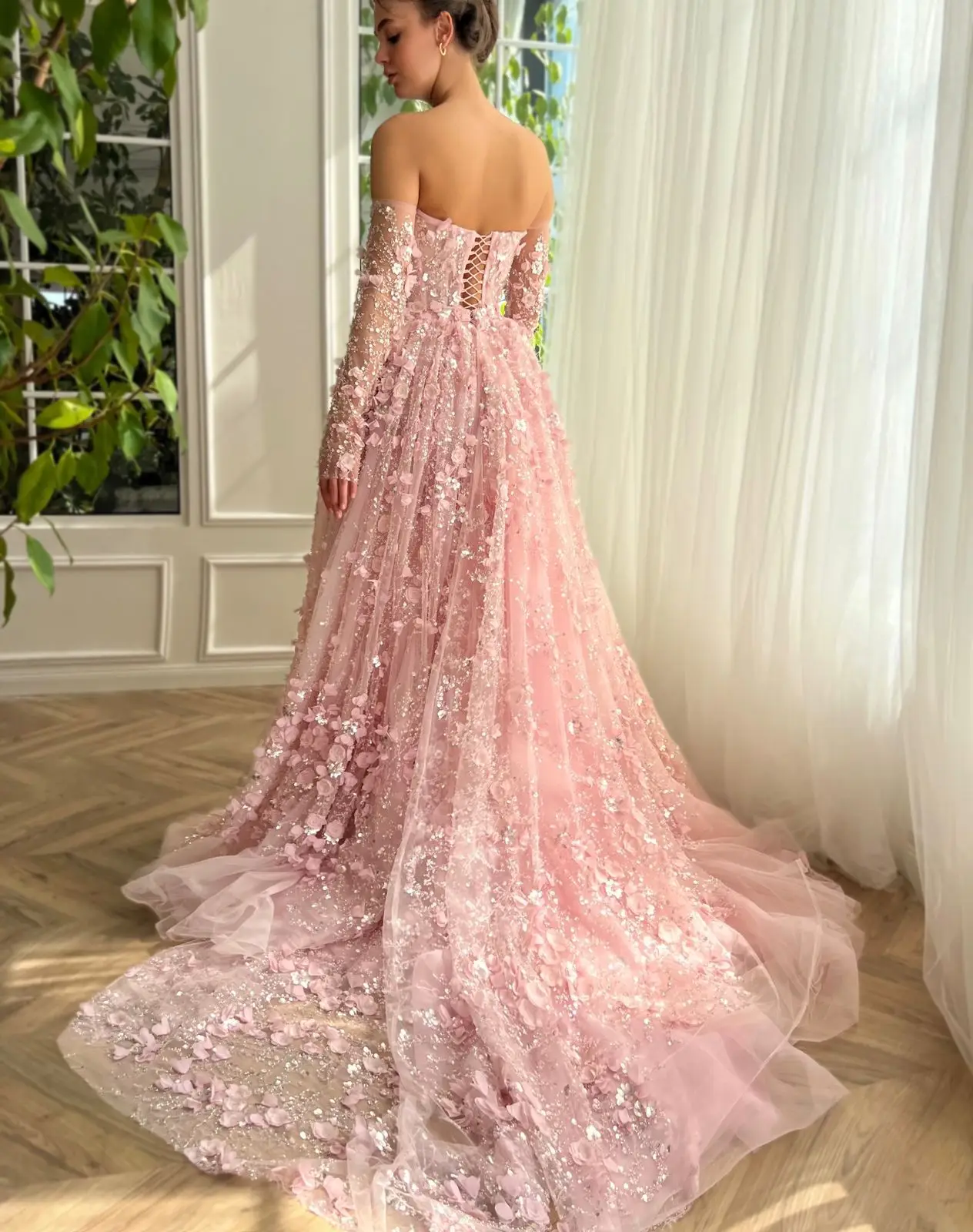 Elegant 3D Flowers Pink Luxury Dubai Evening Dress with Overskirt Lilac Long Sleeves Women Wedding Party Gown