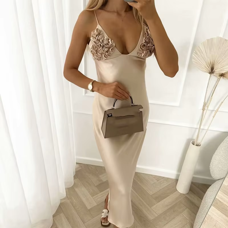 Hight Waist Layered Long Dress Sexy Sleeveless Solid Satin Party Dress Lady Elegant Floral V-neck Spaghetti Straps Dress