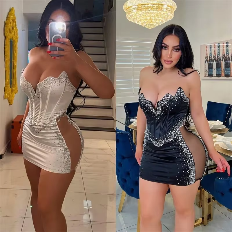 Sexy Mesh Patchwork Rhinestone Birthday Dress for Women Party Nightclub Sparkly Crystal Dress Elegant Strapless Bodycon Dress