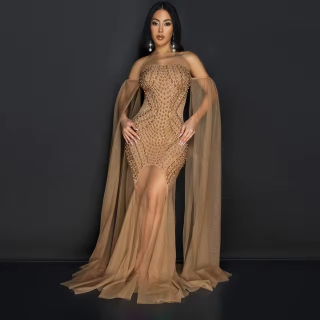 Women Pearl Strapless Mesh See Through Long Dresses Backless 2024 Summer Street Maxi Party Evening Mermaid Dress Vestido