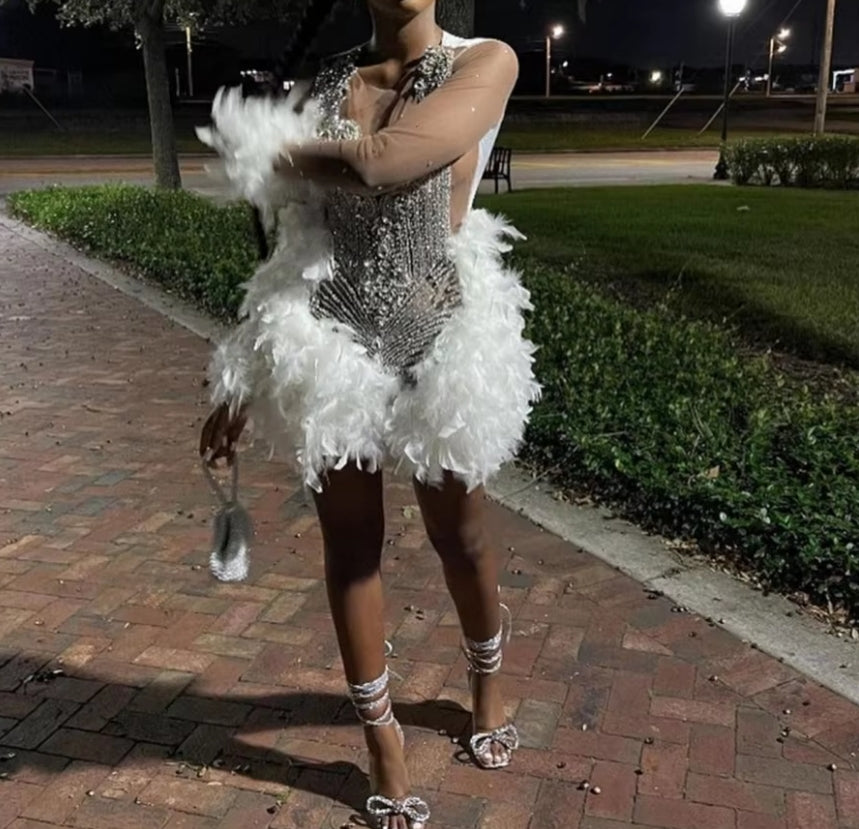 Luxury Short Feather Prom Dress For Black Girls White Aso Ebie Cocktail Party Dress 2024 Crystal Beaded African Birthday Evening