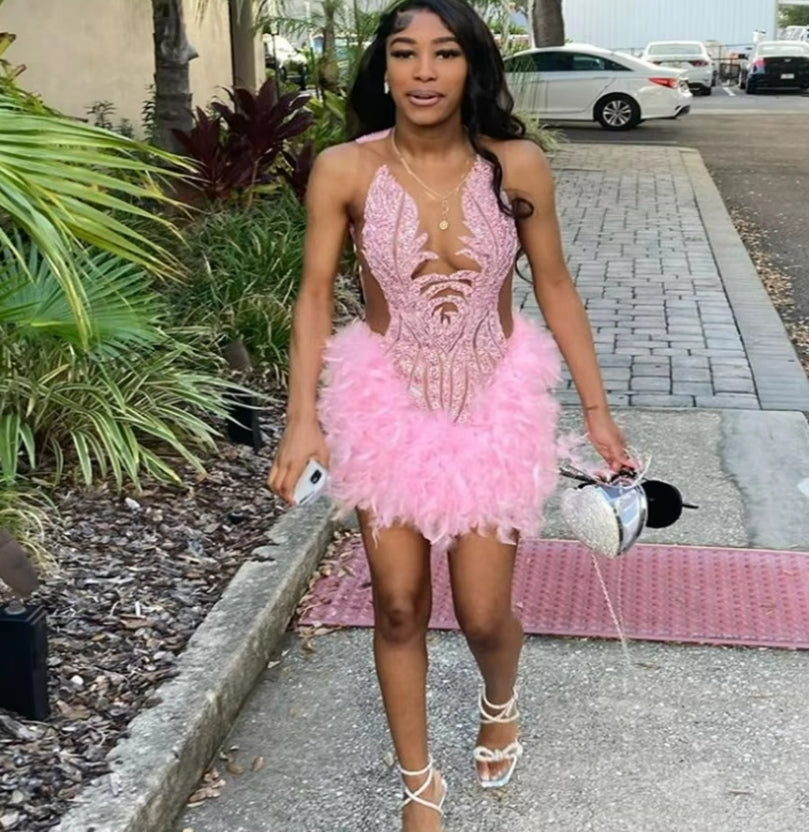 Unique Pink Feather Prom Dress 2024 For Black Girls Elegant Luxury She – mermelo Unique Pink Feather Prom Dress 2024 For Black Girls Elegant Luxury She – mermelo