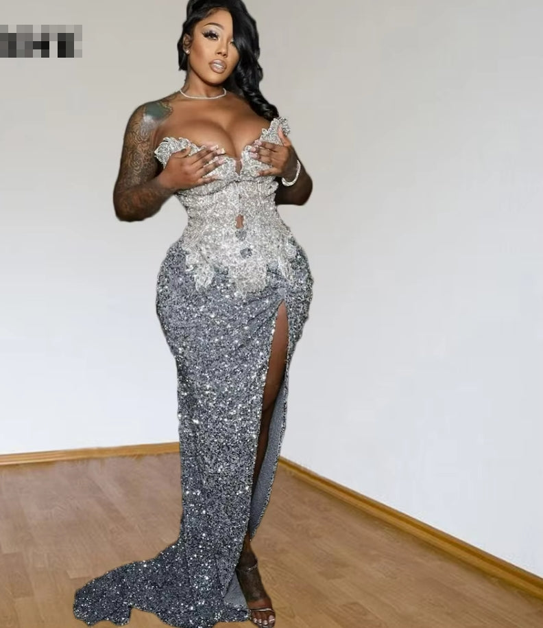 Silver Diamond Prom Dresses Luxury Black Girls Sequin Mermaid Long Birthday Outfit 2024 Sweetheart Vestidos De Gala