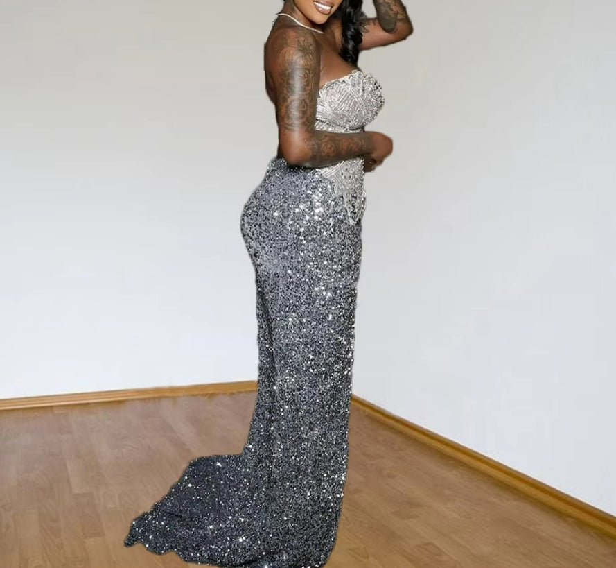 Silver Diamond Prom Dresses Luxury Black Girls Sequin Mermaid Long Birthday Outfit 2024 Sweetheart Vestidos De Gala